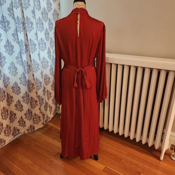 Intermix Victoria Deep Red 95% Silk Midi Dress, High Collar, Keyhole Neck, Sz 10 - Picture 3 of 11